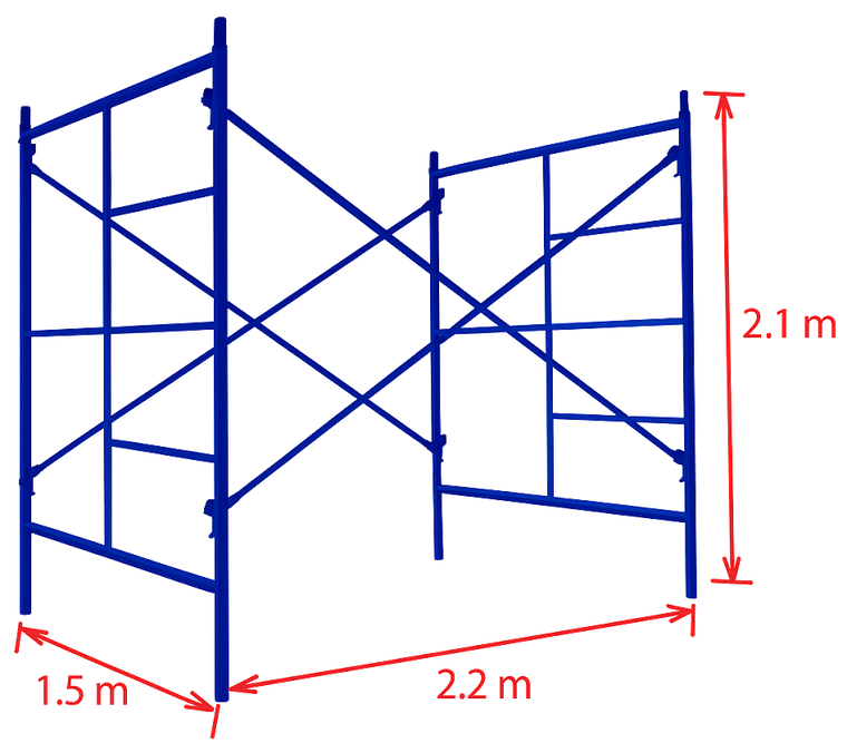 Diagrama de dimensiones del cuerpo de andamio: 2.10 metros de altura, 1.50 metros de ancho, 2.20 metros de apertura